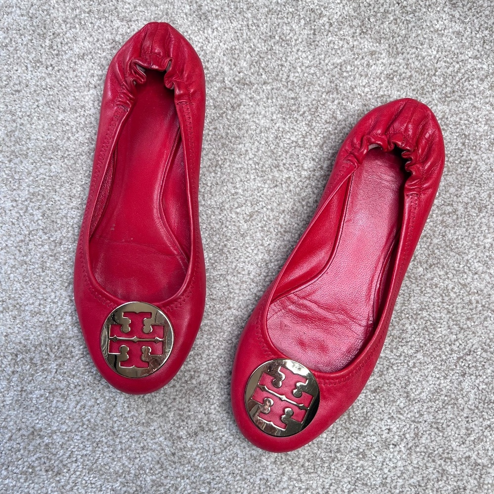 Tory Burch Red Leather Logo Ballet Flats